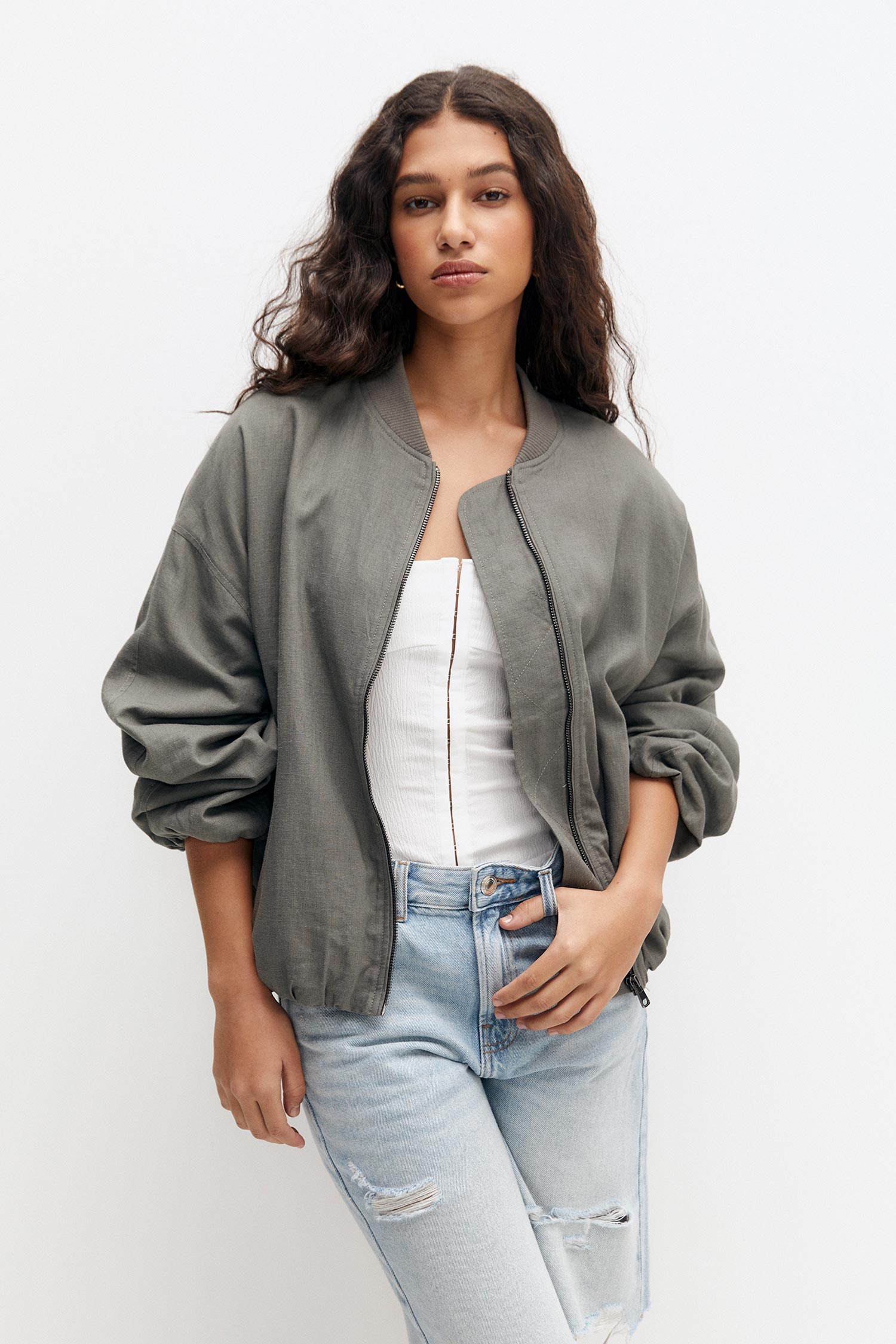 FLOWING LINEN BLEND BOMBER JACKET