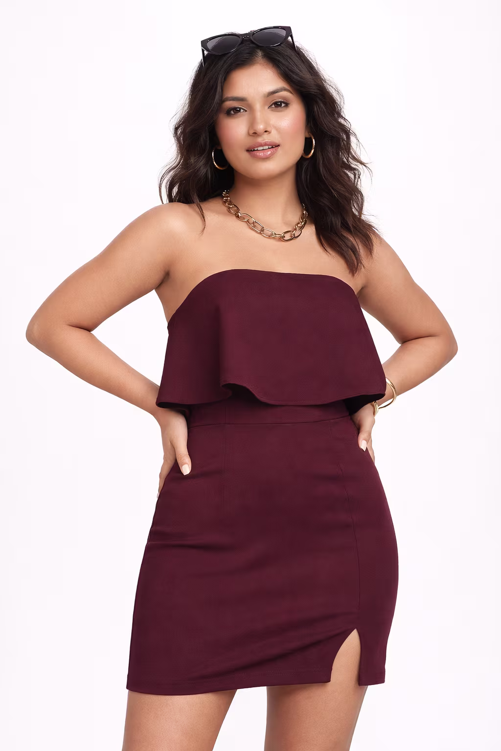 Rihanna Inspired Burgundy Strapless Bodycon Dress